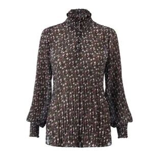 CABI Knife Pleated Blouse Long Sleeve Black & Pink Sz M #3952 EUC